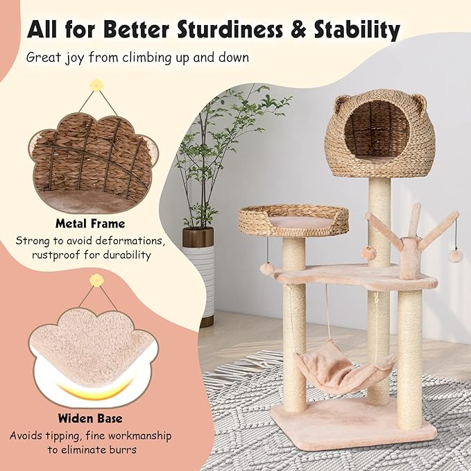 PETSITE Woven Cat Tree, Modern Cat Tower with Hammock & Scratching Posts, Cattail Condo & Top Perch, Cat Activity Tree for Indoor Cats-Mewly Pet