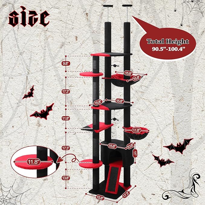 PEQULTI Tall Cat Tree, Floor to Ceiling Cat Tree Tower Adjustable [90.5''-100.4''=230-252CM] with Cat Condo, Hammock and Scratching Post, Gothic Cat Climbing Tree for Indoor Large Cats, Black-Mewly Pet