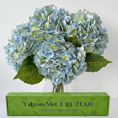 YalzoneMet 4Pcs Light Blue-Green Real Touch Hydrangea Artificial Flowers 21'' Faux Latex Hydrangea Flowers for Wedding Table Centerpieces Fake Flowers for Party Home Kitchen Living Room Decor