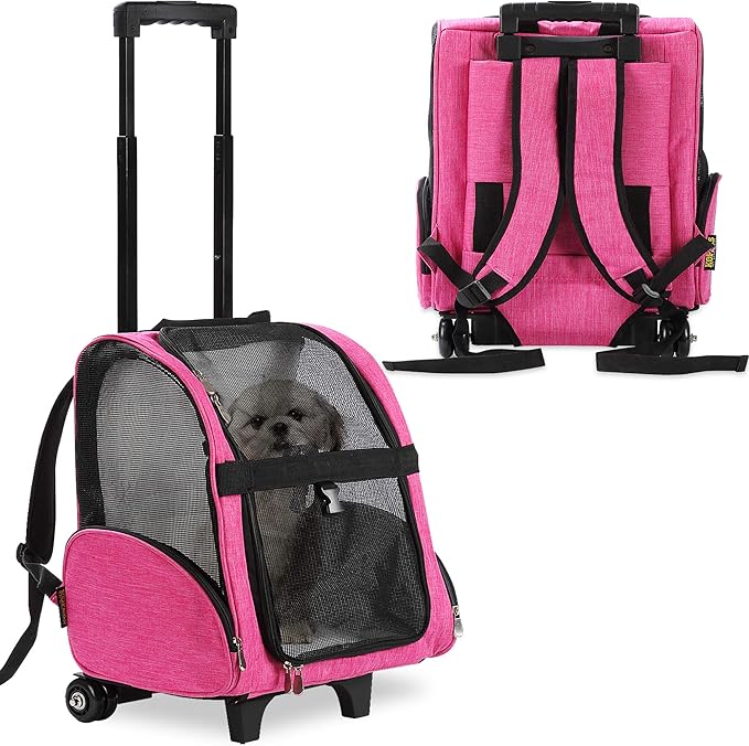 KOPEKS Deluxe Backpack Pet Travel Carrier with Double Wheels for Pets up to 18 Pounds - Pink-Mewly Pet