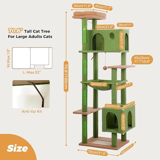 72” Cat Tree for Large Cats Big Cat Tower with Enlarged Hammock 21.6x17.7” Spacious Cats Condo House and Roomy Top Bed and Multiple Scratch Posts for Indoor Adult Cats (Green, XLarge-72)-Mewly Pet