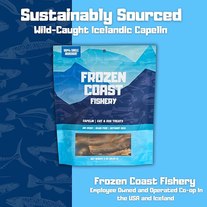 Frozen Coast Capelin Cat & Dog Treats- Single-Ingredient, All-Natural, High-Protein, Omega-3s, Fish Snacks (3 oz Bag)-Mewly Pet