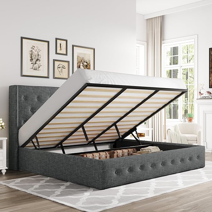Allewie King Size Lift Up Storage Bed, Button Tufted Headboard with Wingback, Hydraulic Support, No Box Spring Needed, Dark Grey
