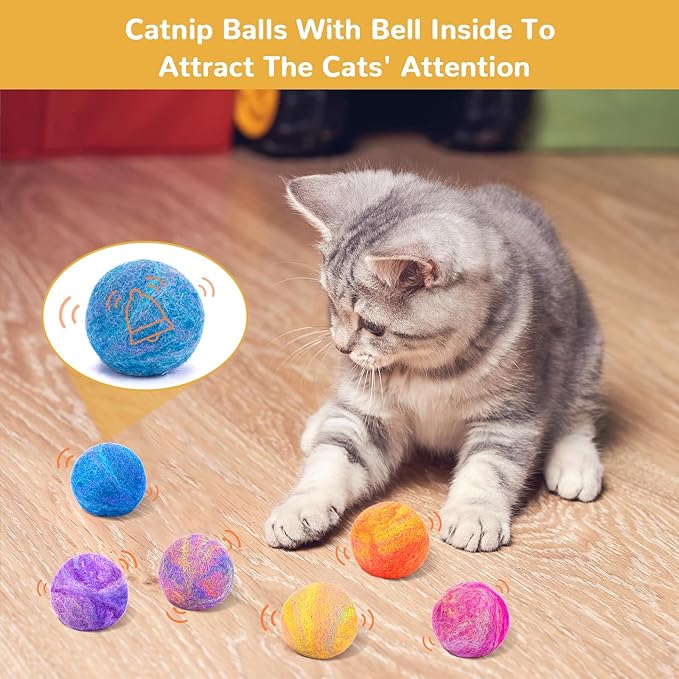 Retro Shaw Cat Toys Balls,Catnip Ball with Bell Inside,Wool Balls Toy with SilverVine Catnip Fill, Upgraded,Interactive Cat Nip Ball for Indoor Kitten Kitty 6 Pcs-Mewly Pet