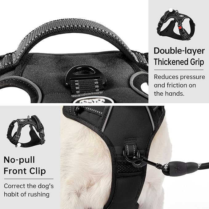 IVY&LANE No Pull Dog Harness for Large Dogs, Dog Vest Harness with Leash, Safety Belt and Storage Strap, Fully Adjustable Harness, 360° Reflective Strip, Soft Handle (Black, L)-Mewly Pet