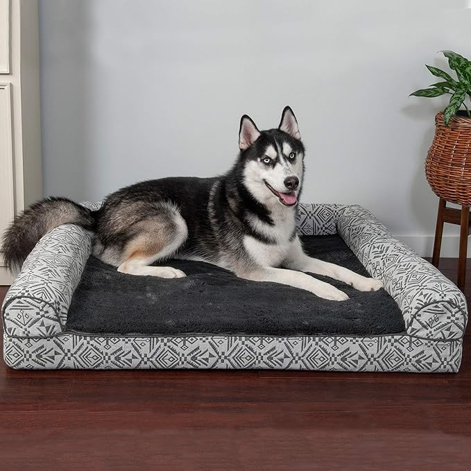Furhaven Orthopedic Dog Bed for Large Dogs w/ Removable Bolsters & Washable Cover, For Dogs Up to 95 lbs - Plush & Southwest Kilim Woven Decor Sofa - Boulder Gray, Jumbo/XL-Mewly Pet