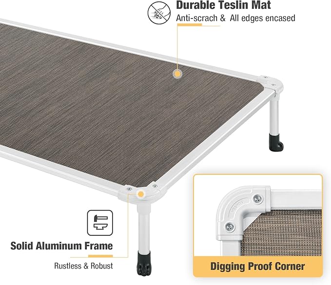 Veehoo Chew Proof Elevated Dog Bed - Cooling Raised Pet Cot - Silver Aluminum Frame and Durable Textilene Mesh Fabric, Unique Designed No-Slip Feet for Indoor or Outdoor Use, Brown, Large, CWC2003-Mewly Pet