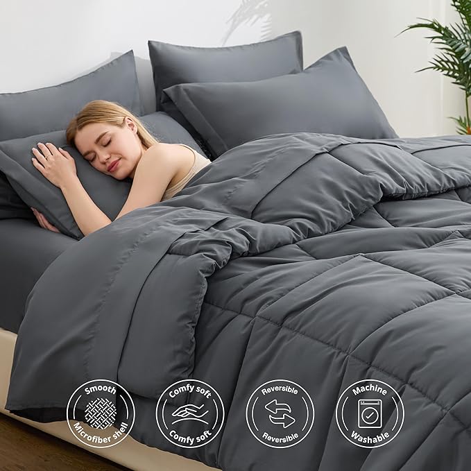 Love's cabin Full Comforter Set Soot Grey, 7 Pieces Full Bed in a Bag, All Season Bedding Sets with 1 Comforter, 1 Flat Sheet, 1 Fitted Sheet, 2 Pillowcase and 2 Pillow Sham