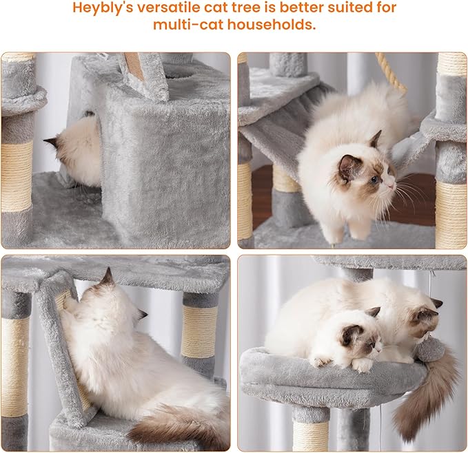Heybly Cat Tree, 68 inch Multi-Level Cat Tower for Indoor Cats, 2 Widened Plush Perches Cat Condo with Scratching Board and Big Caves, Light Gray HCT025W-Mewly Pet