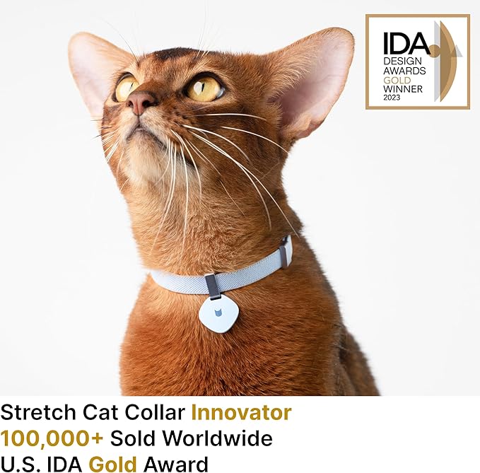 Safety Cat Collar Pro and Tag Set - U.S. IDA Gold Award, Elastic Release Cat Collar Charm Tag, Non Breakaway Cat Collar Adjustable with Charm for Kitten Small Large Cats (Glacier Silver, M)-Mewly Pet