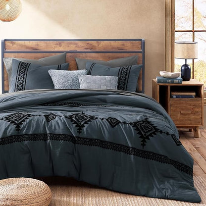 MaiRêve Embroidery Full Size Comforter Set Blue Grey, Farmhouse Western Boho Bedding Set 7 Pieces, All Season Bed in A Bag Comforter Set with Sheets, Pillowcases & Shams
