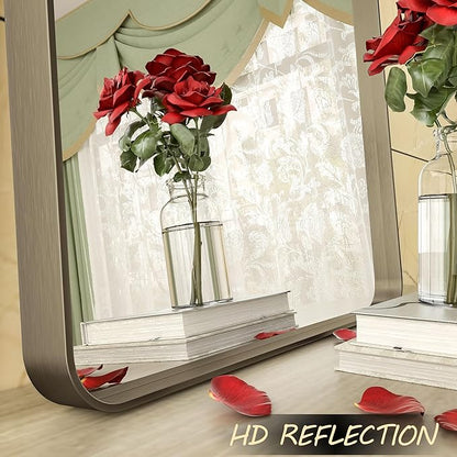 26x36 Inch Bronze Framed Mirror, Brushed Bronze Metal Bathroom Vanity Mirror for Wall, Modern Rectangle Mirror, Rounded Corner, Anti-Rust (Horizontal/Vertical)