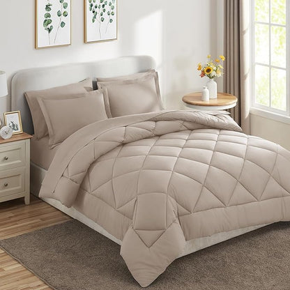 CozyLux Queen Comforter Set Linen - Bed in a Bag Queen Size 7 Pieces, Luxury Soft Bed Set for All Seasons, Bedding Set with Down Alternative Comforter, Sheets, Pillowcases & Shams