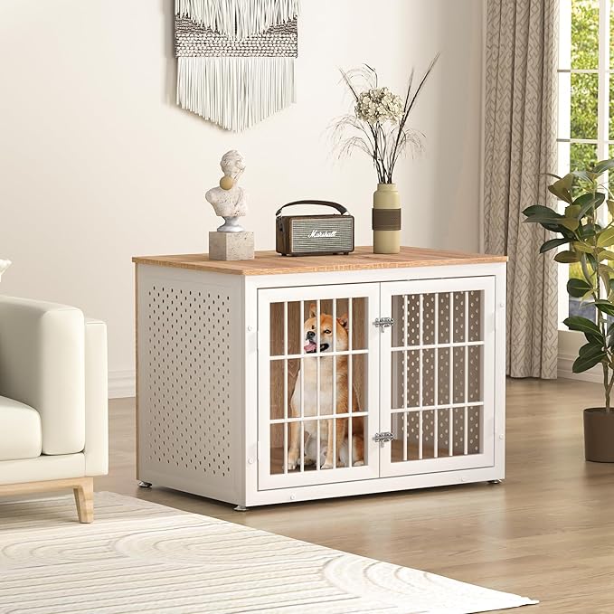 38" Heavy Duty Dog Crate Furniture for Large and Medium Dogs,Wooden Metal Kennel for High Anxiety Dogs, Chew Proof Pet Cage Indoor, Decorative Dog Kennel End Table, White-Mewly Pet