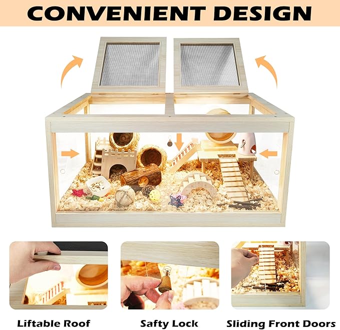 Prolee Hamster Habitat Chewproof, Mice and Rat Habitat with Transparent Sides, Hamster Cage with Openable Mesh Top, Solid Built with Lock Design (32" L x 16" W x 16" H)-Mewly Pet