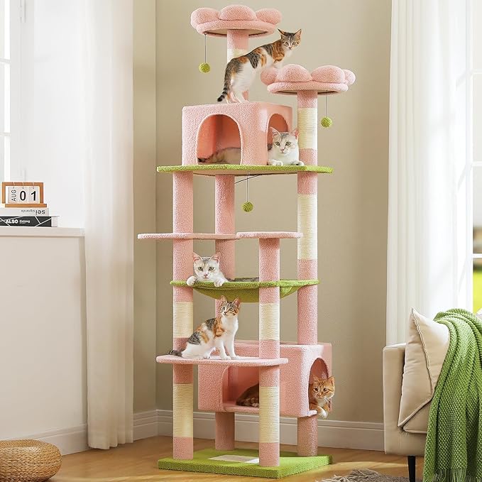 PAWZ Road Flower Cat Tree for Large Cats, 81 Inches Pink Tall Cat Tower with 2 Perches, 2 Condos and Spacious Hammock, XL Extra Large Condo with 7 Scratching Posts for 20lb+ Adult Cats-Mewly Pet