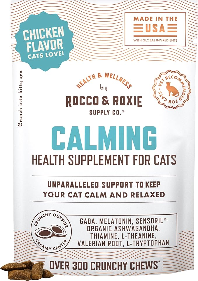 Rocco & Roxie Cat Calming Treats with Melatonin for Cats, Stress and Anxiety Relief, Keep Calm for Grooming, Travel, or Vet Visits, Aid Sleep with Organic Ashwagandha and GABA, Chicken Flavored Chews-Mewly Pet