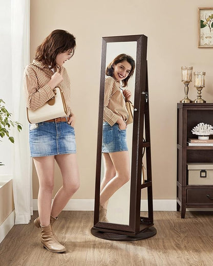 SONGMICS 360° Swivel Jewelry Cabinet, Lockable Jewelry Organizer with Full-Length Mirror, Rear Storage Shelves, Interior Mirror, Jewelry Armoire, Christmas Gifts for Women, Gift Idea, Brown UJJC006R01