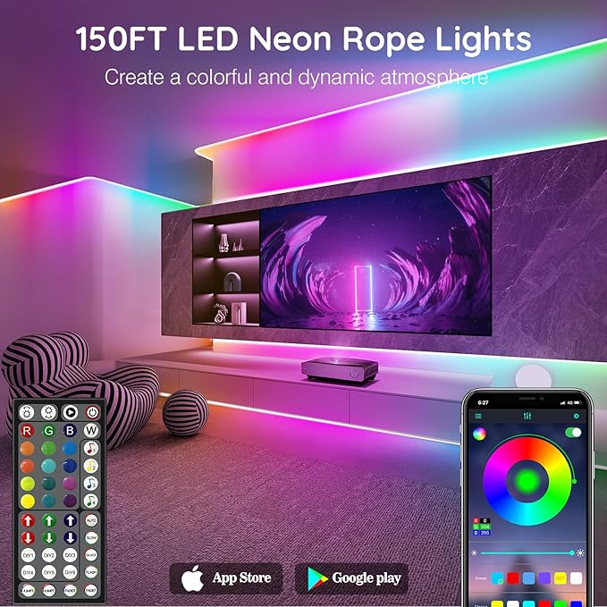 SINLEY Led Neon Rope Lights 150FT,Control with App/Remote,Flexible Led Rope Lights,Multiple Modes,IP68 Outdoor RGB Neon Lights Waterproof,Music Sync Gaming Led Strip Lights for Bedroom Indoor