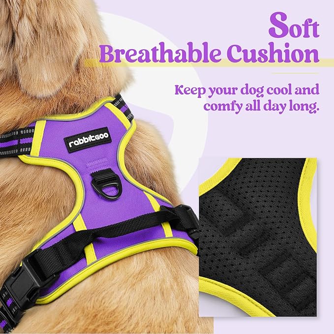 rabbitgoo Dog Harness No Pull with 2 Leash Clips, Adjustable Soft Padded, Reflective Oxford No Choke Pet Vest with Easy Control Handle for Small Dogs, Purple & Yellow, S-Mewly Pet