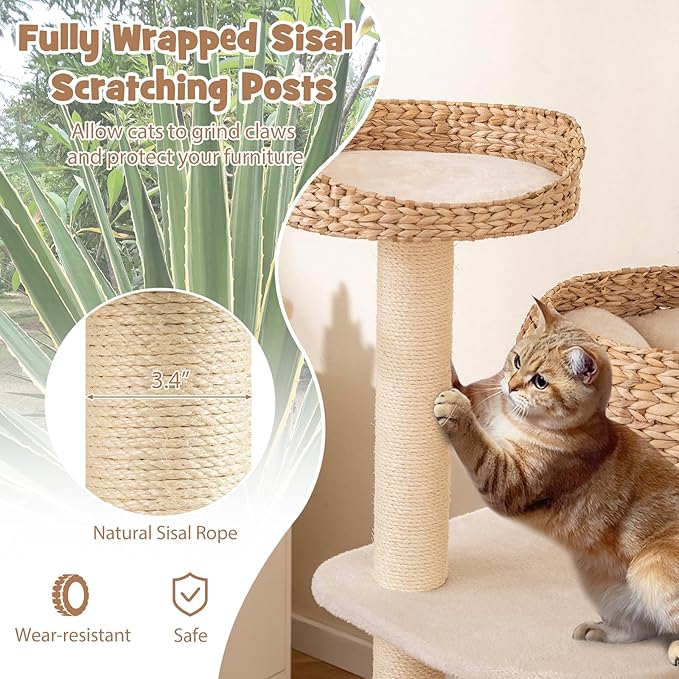 Tangkula Modern Cat Tree, Tall Cat Tower with Natural Sisal Scratching Post, Hand-Made Wicker Cat Condo & Top Perch, Funny Hanging Toy Ball, Cute Cat Tree Tower for Indoor Cats-Mewly Pet