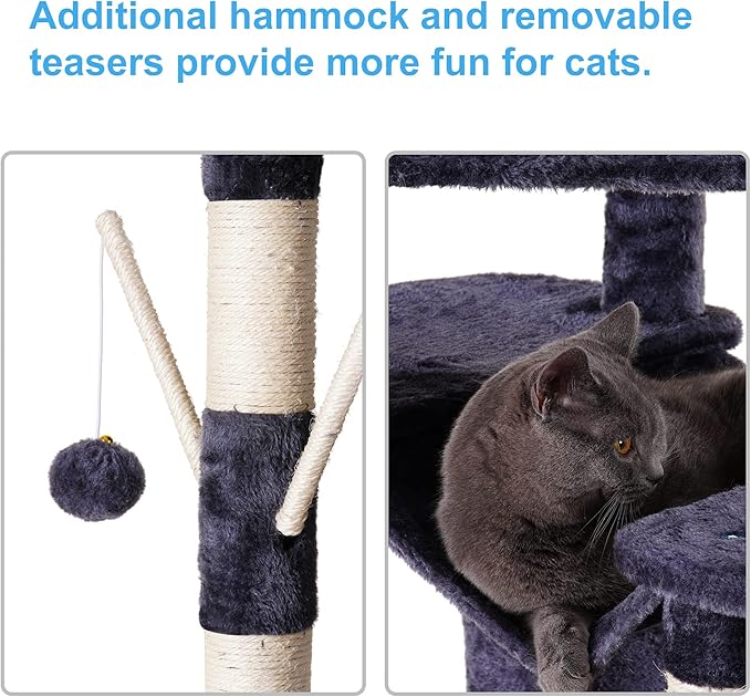 Hey-brother Cat Tree, 71 inches XL Large Cat Tower for Indoor Cats, Multi-Level Cat House with 3 Padded Perches, Big Scratcher, Cozy Basket, 2 Cat Condos and Scratching Posts, Smoky Gray MPJ034G-Mewly Pet