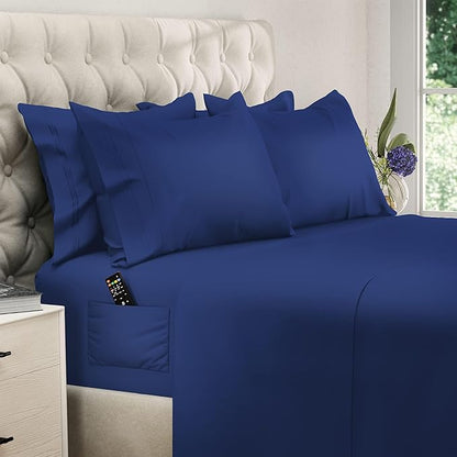 DREAMCARE California King Sheet Sets – 6 pcs Cooling Bed Sheets – up to 15” Deep Cal King Sheets – 2500 Supreme Collection – Extra Soft 100% Brushed Microfiber Hotel Luxury with Side Pocket – N Blue