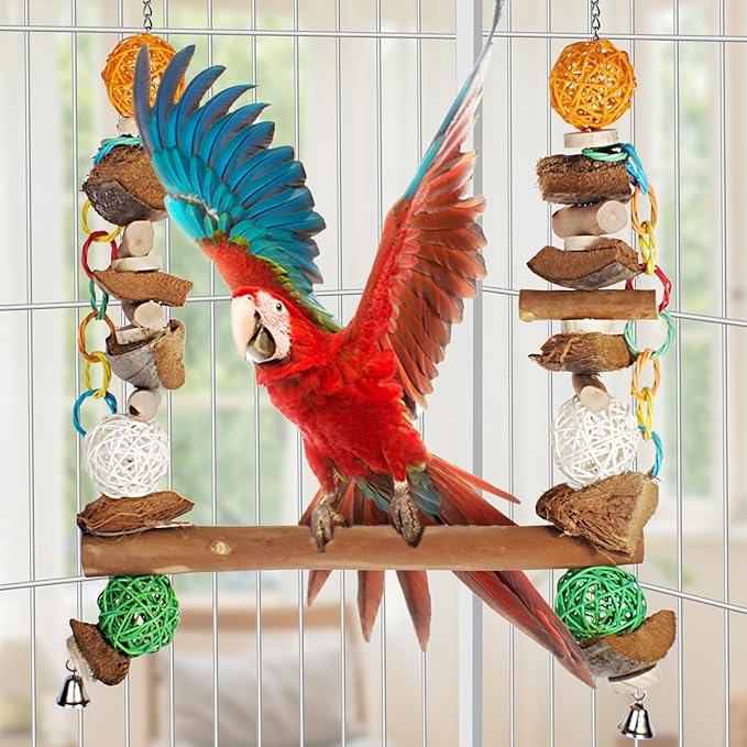 3-in-1 Parrot Toys Natural Coconut Fiber Parrot Hammock (Swing + Perch + Chew Toy) Natural Bird Perches for Medium Large Birds - 23" Bird Toys for Parrots Stand-Mewly Pet