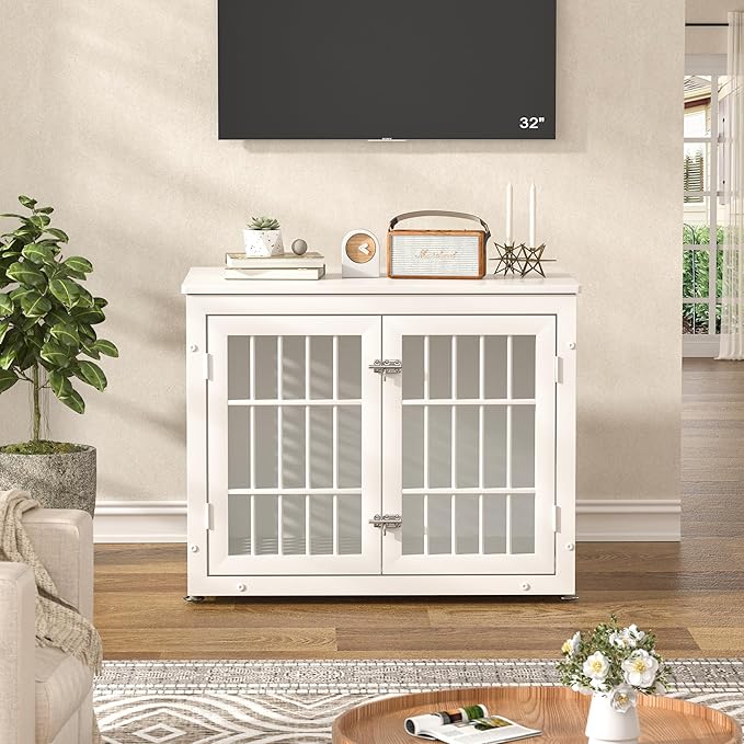 32" Heavy Duty Dog Crate Furniture for Small and Medium Dogs, Metal Kennel for High Anxiety Dogs, Chew Proof Pet Cage Indoor, Decorative Dog Kennel End Table, White-Mewly Pet