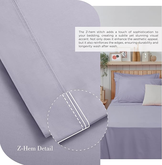 Linen Home 100% Cotton Percale Sheets Queen Size, Prelude Purple, Deep Pocket, 4 Pieces Set - 1 Flat, 1 Deep Pocket Fitted Sheet and 2 Pillowcases, Crisp Cool and Strong Bed Linen