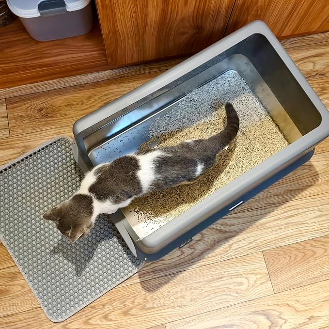 LIHONG Stainless Steel Litter Box with Lid, XL Metal Cat Litter Tray for Indoor Cats, Enclosure Cat Litter Pan for Large Cats, Non-Sticky Large Kitty Litter Box, Anti-Leakage, 23.5" X 15.6" X 12"-Mewly Pet