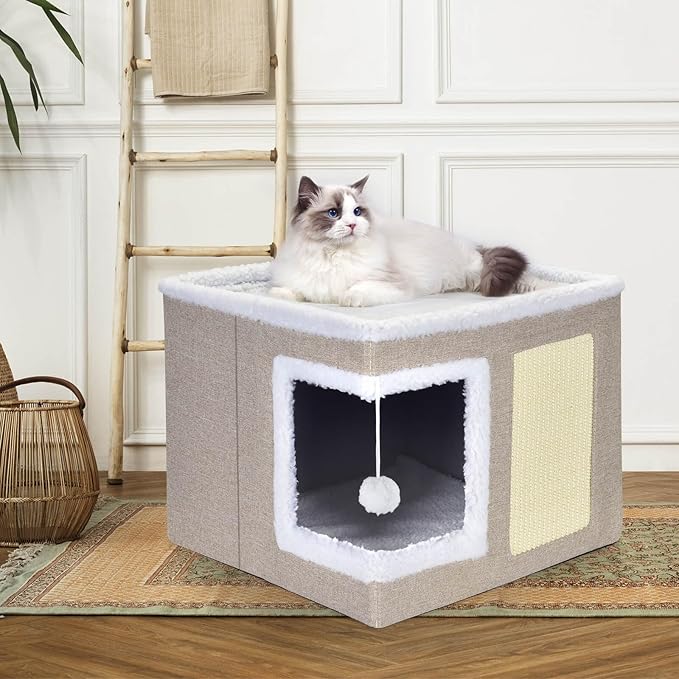 petizer Cat Bed for Indoor Cats, Large Covered Cat House with Scratch Pad, Foldable Cat Cave Bed & Hideaway Cube with Reversible Cushions, Cute Cat Condo for Multi Small Pet Kitten (Khaki)-Mewly Pet