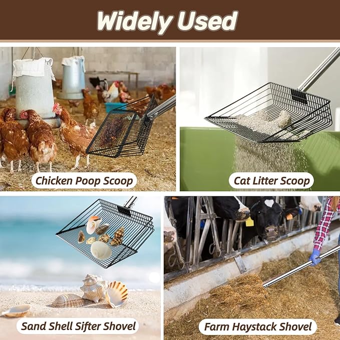 Chicken Poop Scooper for Sand - 10-inch 37 to 63" Long Chicken Coop Scoop with Stainless Steel Handle, Chicken Coop Cleaning Rake for Poop, Large Hen Litter Sifter Shovel-Mewly Pet