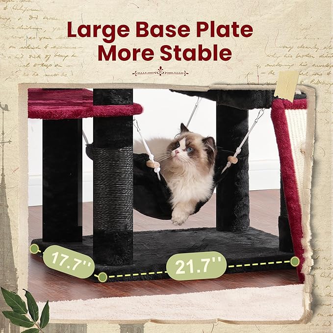 Cat Tree for Indoor Cats, 71'' (180cm) Multi-Level Cat Tower for Large Adult, Gothic Sturdy Cat Tree House with 2 Scratching Boards 7 Posts, 2 Plush Perches/Condos, Hammock, Black GCT032BR-Mewly Pet