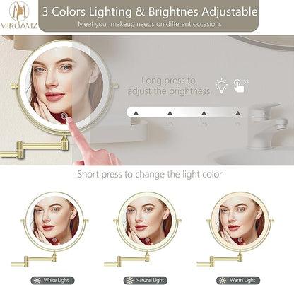 Rechargeable Wall Mounted Lighted Makeup Vanity Mirror 8 Inch Double Sided 1X 10X Magnifying Bathroom Mirror, 3 Color Lighting, Touch Screen Dimming, 360 Rotation Shaving Mirror Gold