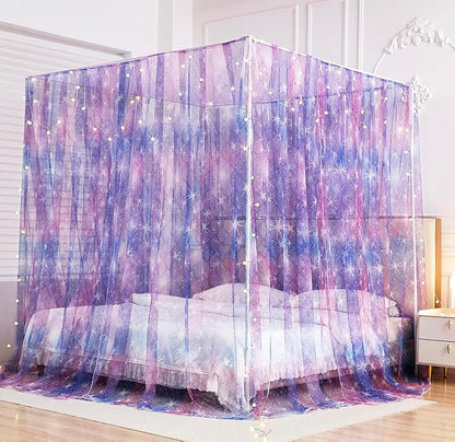 Mengersi Tie Dye Canopy Bed Curtains with Lights,Gradient Ombre Bed Canopy for Girls,Canopy for Bed Princess Bed Drapes for Girls Room Decor(Full,Purple)