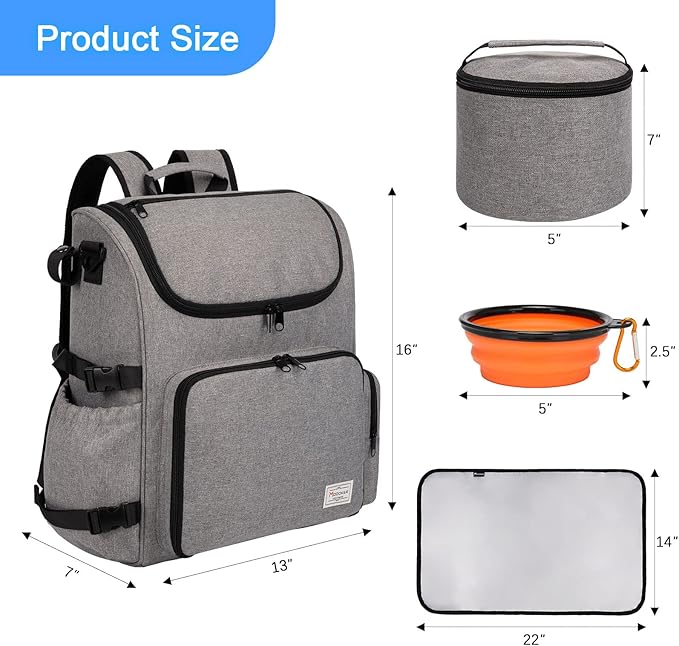 Modoker Dog Travel Bag Backpack, Airline Approved Pet Accessories Organizer for Dog and Cat with Shoulder Strap, 2 Dog Food Storage Containers, 2 Collapsible Dog Bowls,1 Pet Mat, Grey-Mewly Pet