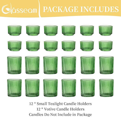 Glasseam Glass Votive Candle Holder: Set of 24 Green Ribbed Small Tea Light Holders Assorted Decorative Vintage Tealight Holder Bulk for Christmas Wedding Table Centerpieces