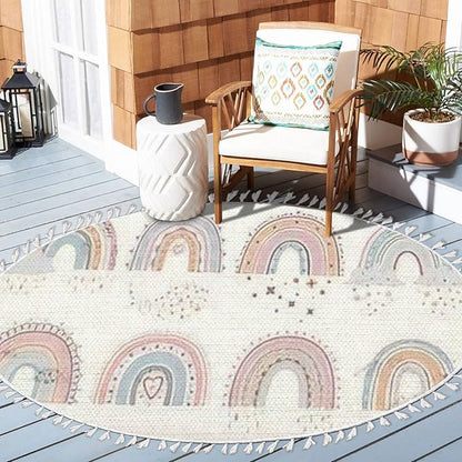 Round Boho Rug Scandinavian Cartoon Rainbows with Clouds Flowers and Stars in Pastel Area Linen Carpet Patio Hallway Runner Mat Pad Minimalist Home Decor for Living Room Outdoor, 3 ft
