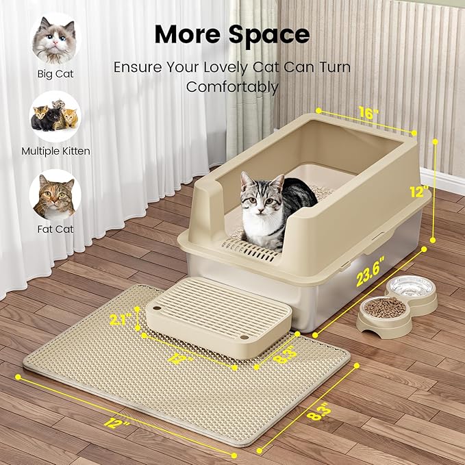 Stainless Steel Cat Litter Box - Enclosed XL Metal Kitty Litter Box with Lid for Big Cats, High Sided, Anti-Leakage, Easy Cleaning, Non-Sticky, Included Spoon & Aisle (Khaki)-Mewly Pet