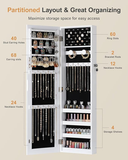Nicetree Jewelry Armoire with Mirror, Wall/Door Mounted Jewelry Cabinet, Lockable Jewelry Organizer with Full-Length Mirror, Frameless Mirror with Storage, Black Lining