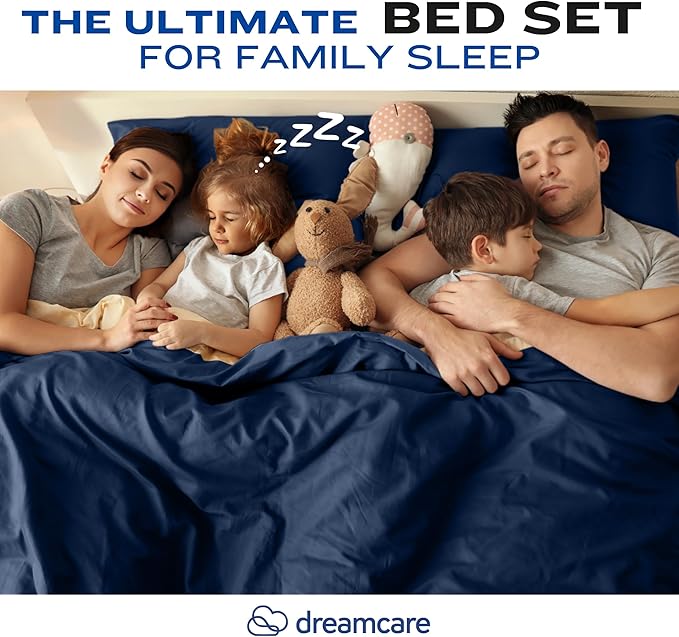 DREAMCARE Queen Sheet Set – 4 pcs Cooling Sheets – up to 21” Extra Deep Pocket Queen Sheets – Hotel Luxury Sheets & Pillowcases – Superior Softness 100% Fine Microfiber with Side Pocket – Navy