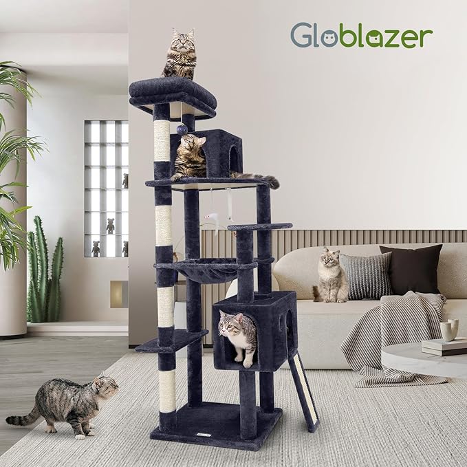 Globlazer Heavy Duty Cat Tree, 70 inch Sturdy Cat Tree for Indoor Cats Extra Large Cat Tower with Scratching Post, Hammock, Cat Condo for Adult Cats Kittens, F70 Pro, Dark Grey-Mewly Pet
