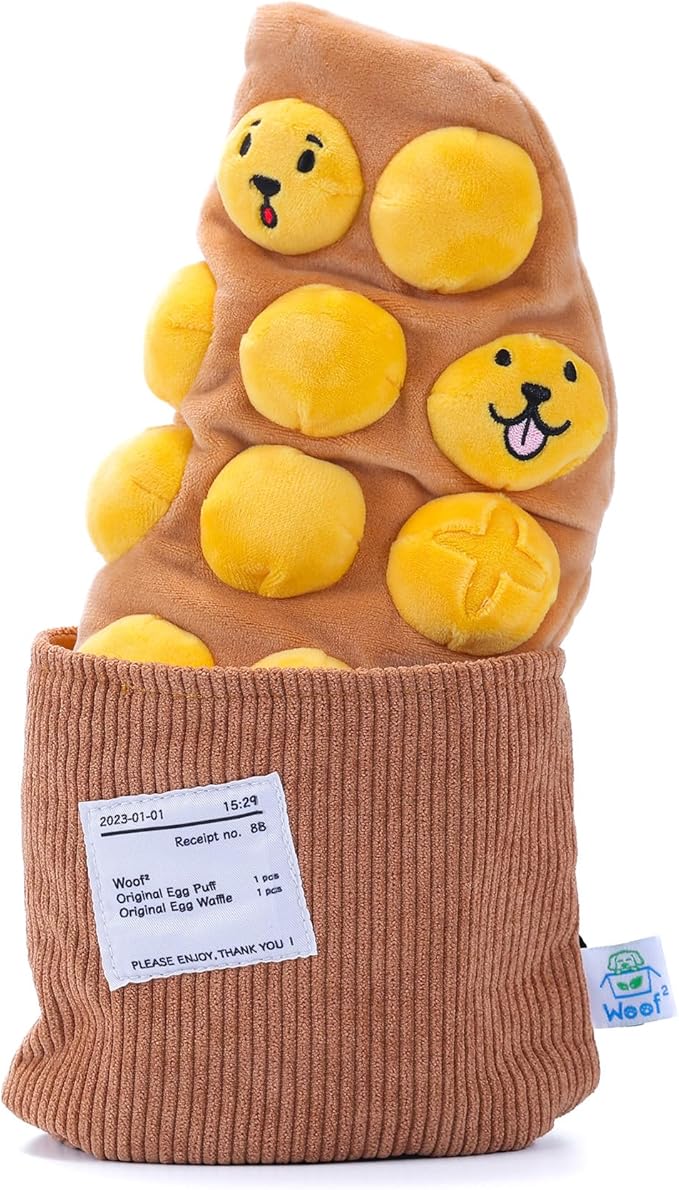 Egg Puff/Waffle 2-in-1 Nose-Work Soft Plush Squeaky Dog Toy - Durable, Cute & Fun HK Gift for Interactive Bonding Time, Hide Chew Sticks & Food for Puzzle Play, Small Medium Dogs-Mewly Pet