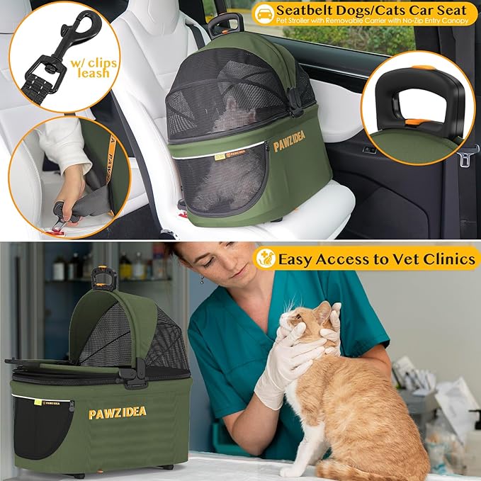 PAWZIDEA Double Pet Stroller with 2 Detachable Carriers, Portable Dog Crate for Car Travel & TSA-Approved Expandable Cat Carrier, Foldable Lightweight Jogger Stroller for 2–4 Cats or Small/Medium Dogs-Mewly Pet