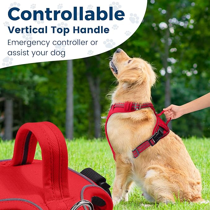 Funfox Dog Harness No Pull, Adjustable Pet Vest Harness, Super Soft Material with Vertical Handle Easy Control, Reflective Night Walking, 2 Leash Clips for XLarge Dogs, Red, XL-Mewly Pet