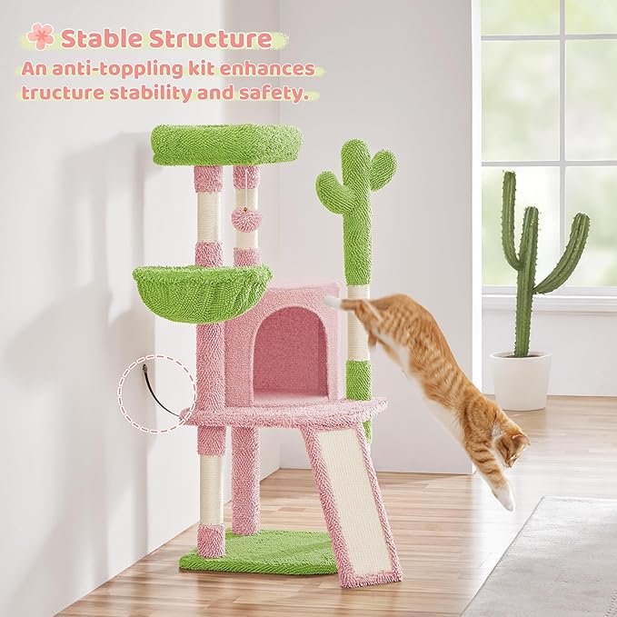 Yaheetech Cactus Cat Tree, 42in Cat Tower for Indoor Cats, Multi Level Kitten Condo Scratching Post, Pet Activity Center Furniture w/Ball, Plush Perch, Platform, Basket, Pink/Green-Mewly Pet