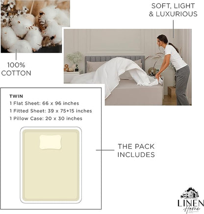 Linen Home 100% Cotton Percale Sheets Twin Size, Cream, Deep Pocket, 3 Pieces Set - 1 Flat, 1 Deep Pocket Fitted Sheet and 1 Pillowcase, Crisp Cool and Strong Bed Linen