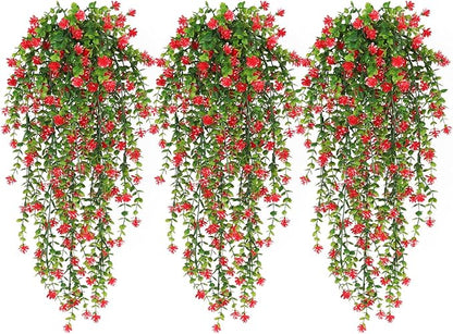 RECUTMS Artificial Hanging Plants Fake Hanging Vine Flowers Fake Plants Faux Hanging Plants Outdoor Faux Eucalyptus Leaf Greenery Wall Indoor Room Wall Wedding Patio Porch Decor(Red)