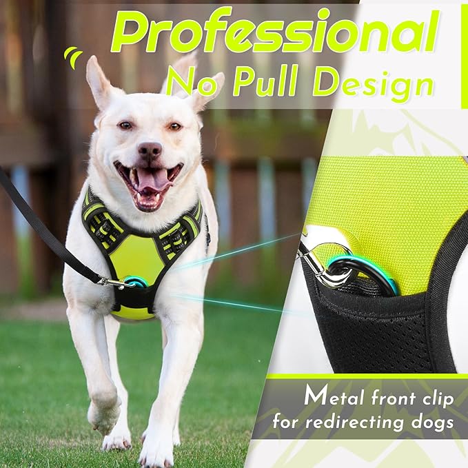 Eagloo Dog Harness Medium Sized Dog, No Pull Service Vest with Reflective Strips and Control Handle, Adjustable and Comfortable for Walking, No Choke Pet Harness with 2 Metal Rings, Green, M-Mewly Pet